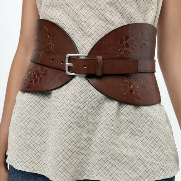 ZARA Embossed Leather Sash Belt with Floral Details - Picture 6 of 7